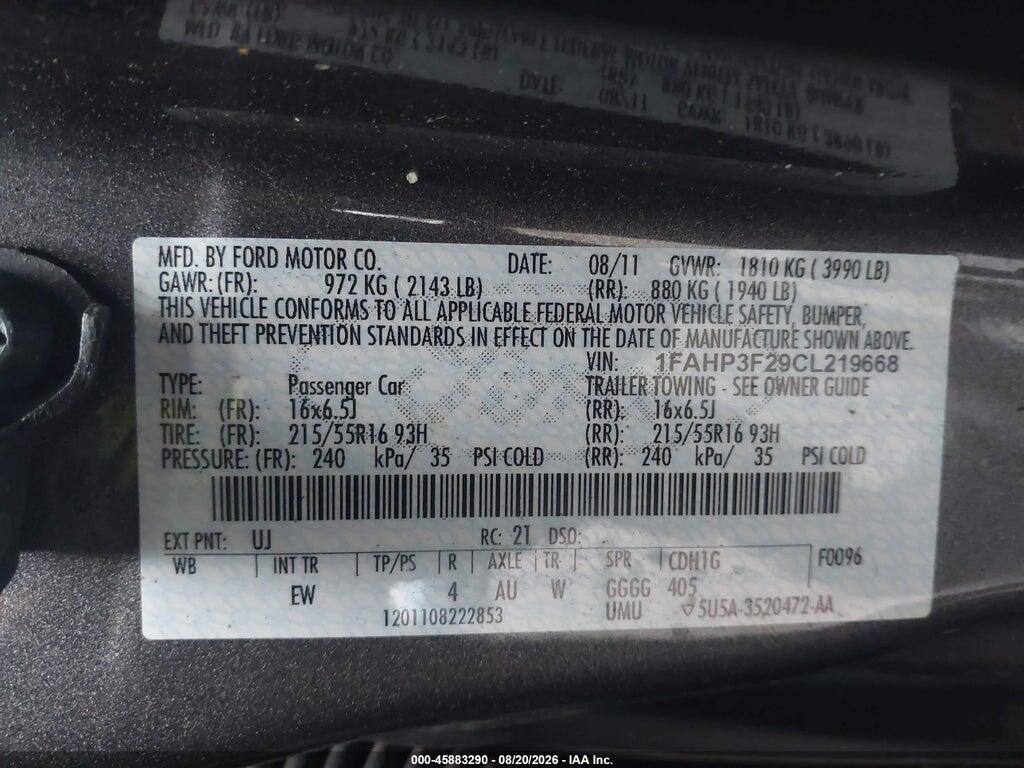 1FAHP3F29CL219668 2012 FORD FOCUS photo no. 9