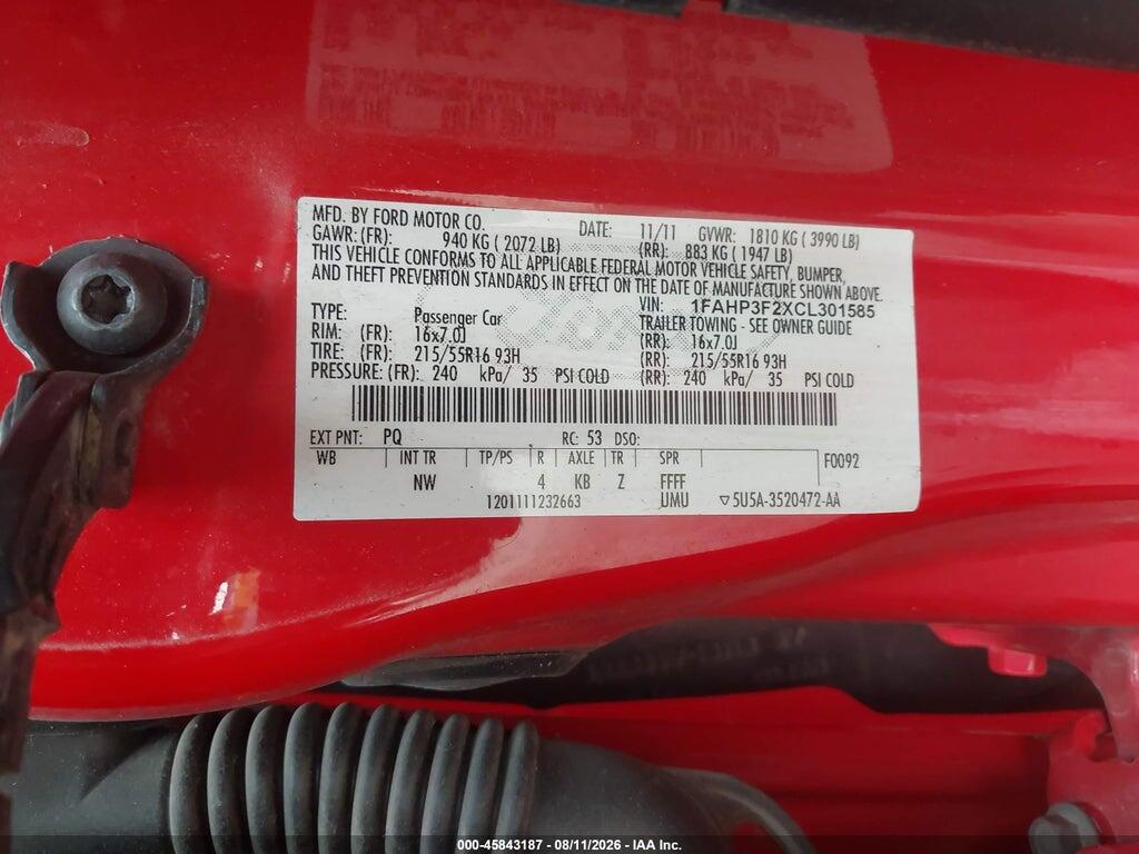1FAHP3F2XCL301585 2012 FORD FOCUS photo no. 9