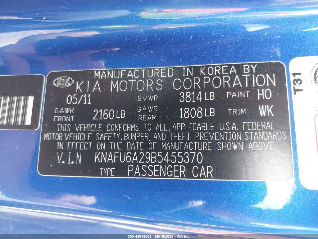 KNAFU6A29B5455370 2011 KIA FORTE KOUP photo no. 9
