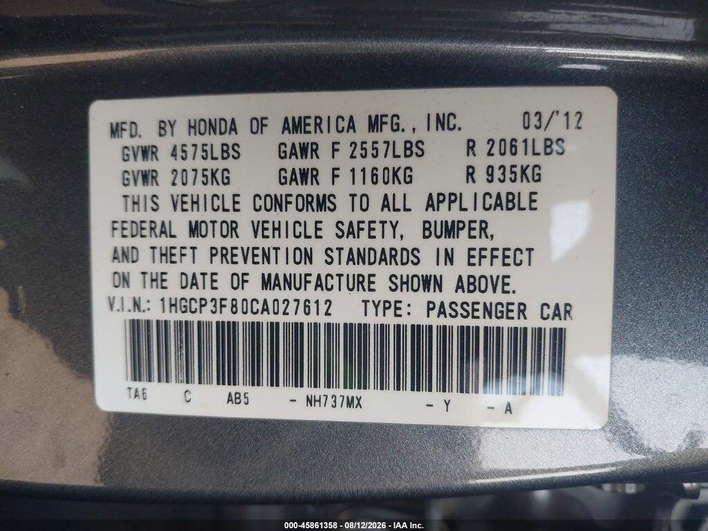 1HGCP3F80CA027612 2012 HONDA ACCORD photo no. 9