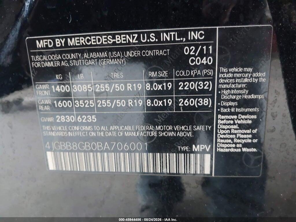 4JGBB8GB0BA706001 2011 MERCEDES-BENZ ML 350 photo no. 9