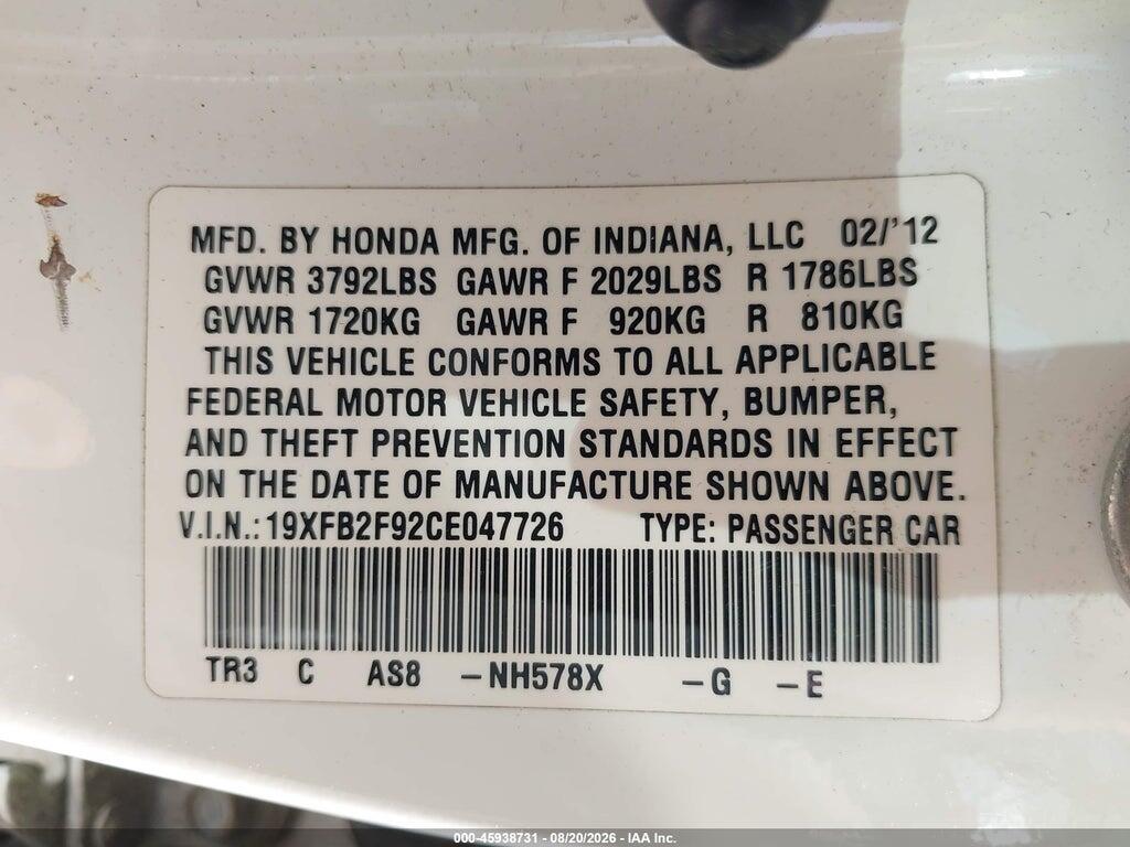19XFB2F92CE047726 2012 HONDA CIVIC photo no. 9
