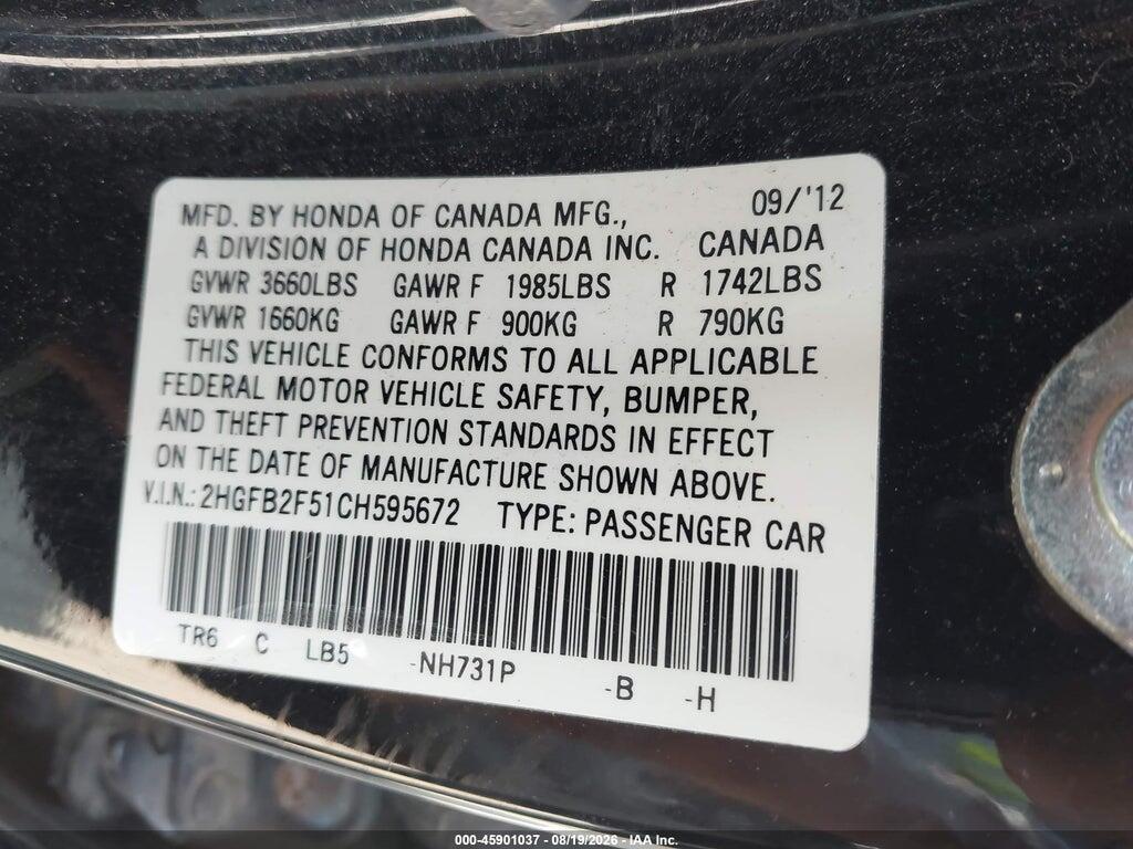 2HGFB2F51CH595672 2012 HONDA CIVIC photo no. 9