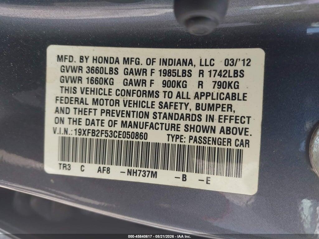 19XFB2F53CE050860 2012 HONDA CIVIC photo no. 9