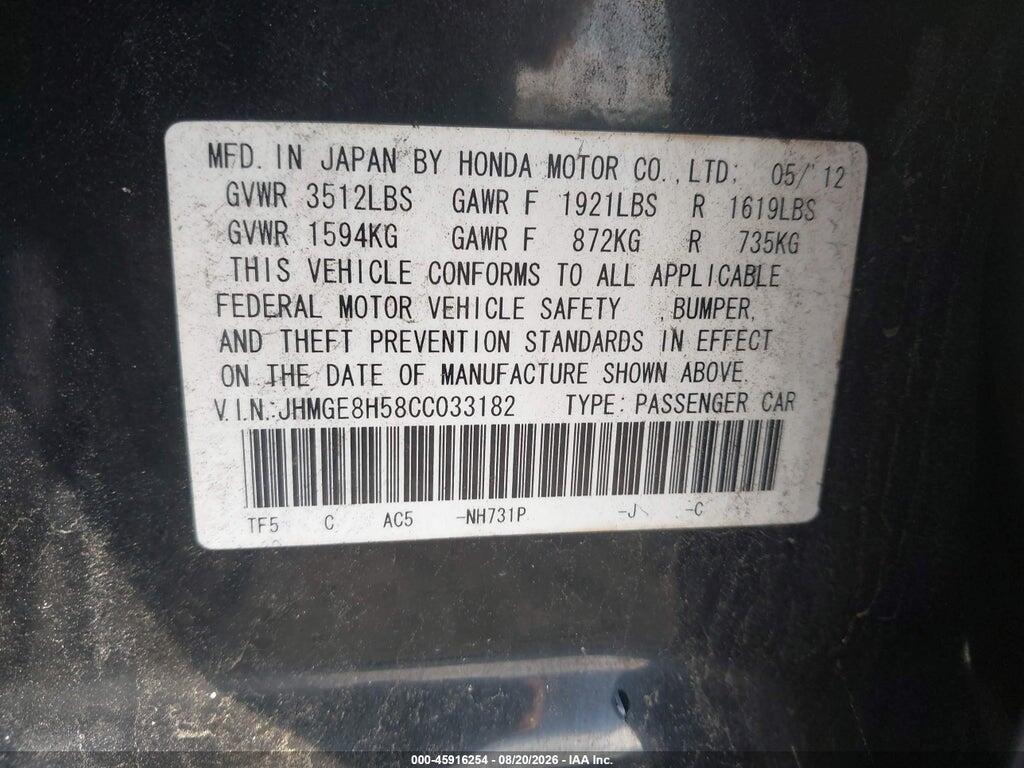 JHMGE8H58CC033182 2012 HONDA FIT photo no. 9