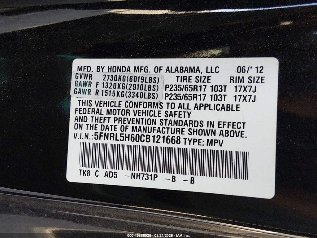 5FNRL5H60CB121668 2012 HONDA ODYSSEY photo no. 9