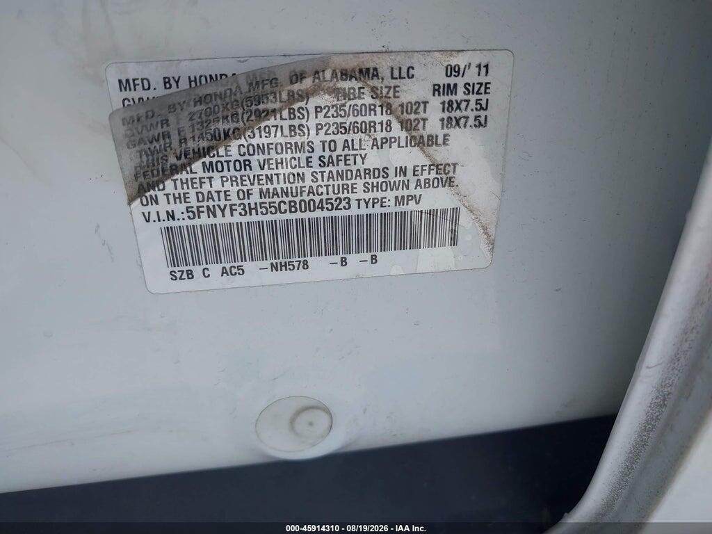 5FNYF3H55CB004523 2012 HONDA PILOT photo no. 9