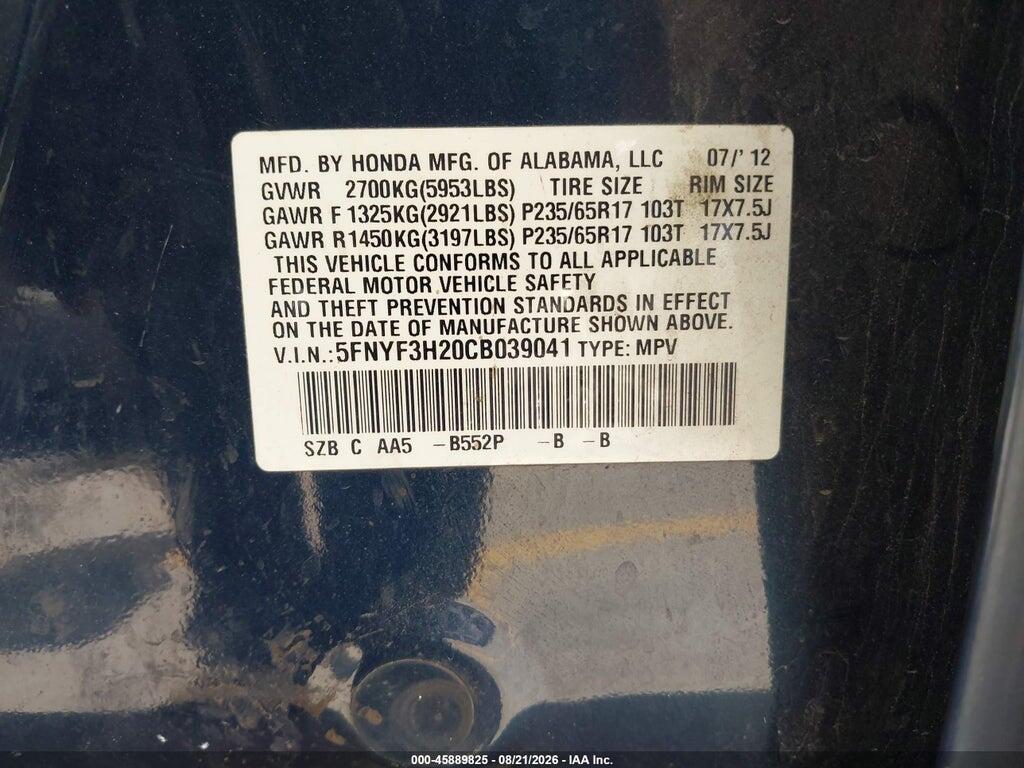 5FNYF3H20CB039041 2012 HONDA PILOT photo no. 9