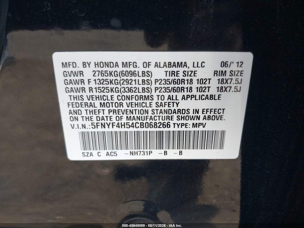 5FNYF4H54CB068266 2012 HONDA PILOT photo no. 9