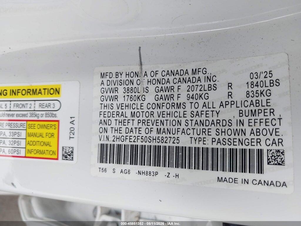 2HGFE2F50SH582725 2025 HONDA CIVIC photo no. 9