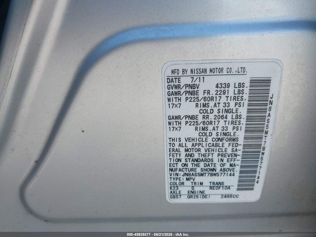 JN8AS5MT7BW577144 2011 NISSAN ROGUE photo no. 9