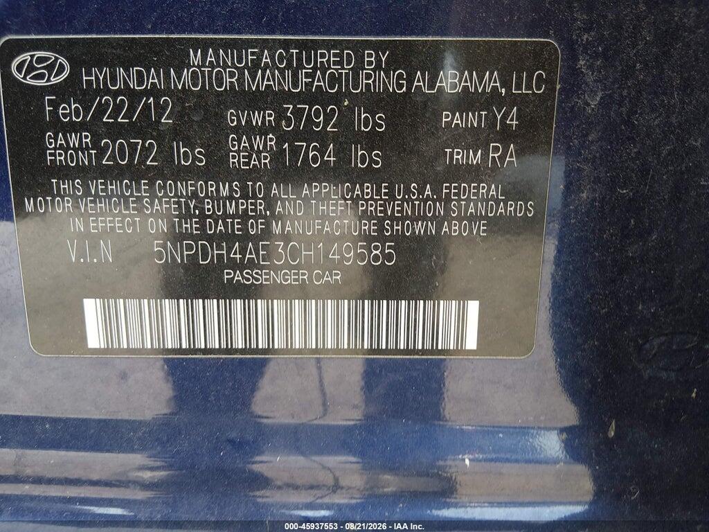 5NPDH4AE3CH149585 2012 HYUNDAI ELANTRA photo no. 9