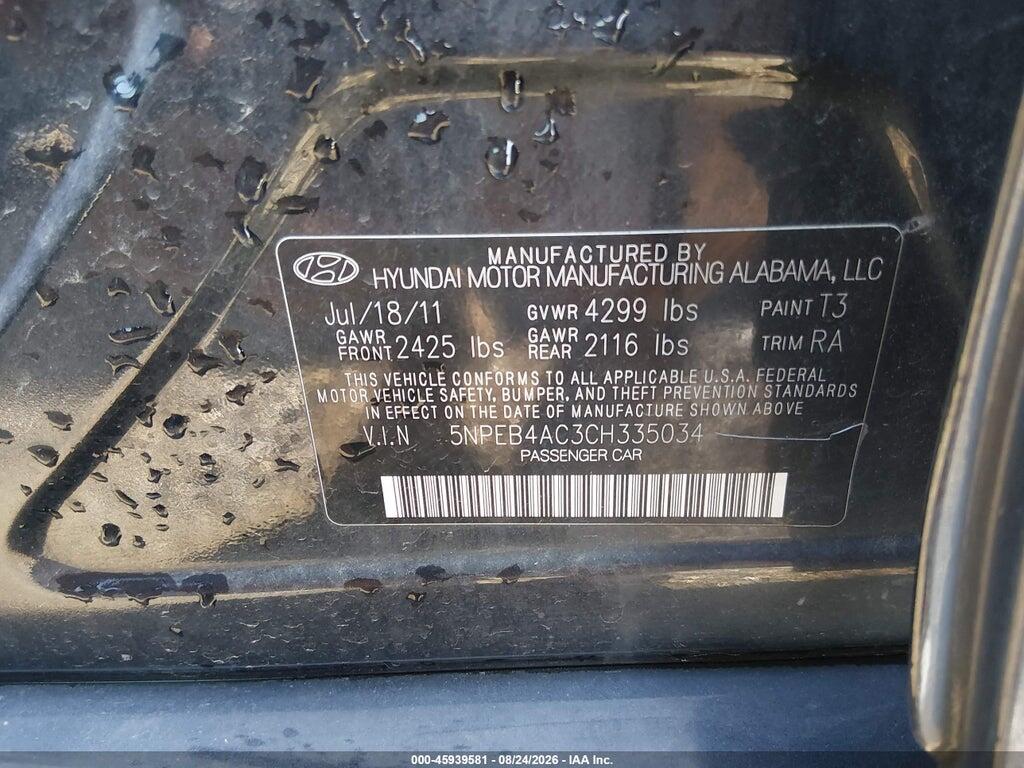 5NPEB4AC3CH335034 2012 HYUNDAI SONATA photo no. 9