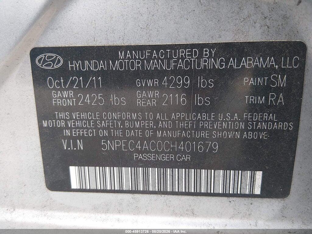 5NPEC4AC0CH401679 2012 HYUNDAI SONATA photo no. 9