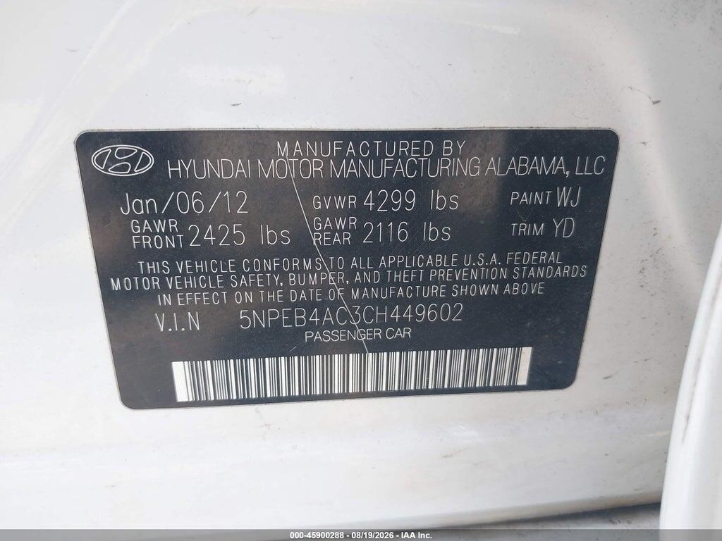 5NPEB4AC3CH449602 2012 HYUNDAI SONATA photo no. 9