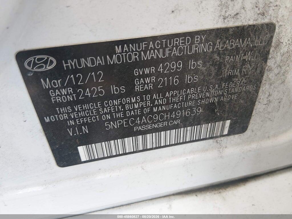 5NPEC4AC9CH491639 2012 HYUNDAI SONATA photo no. 9