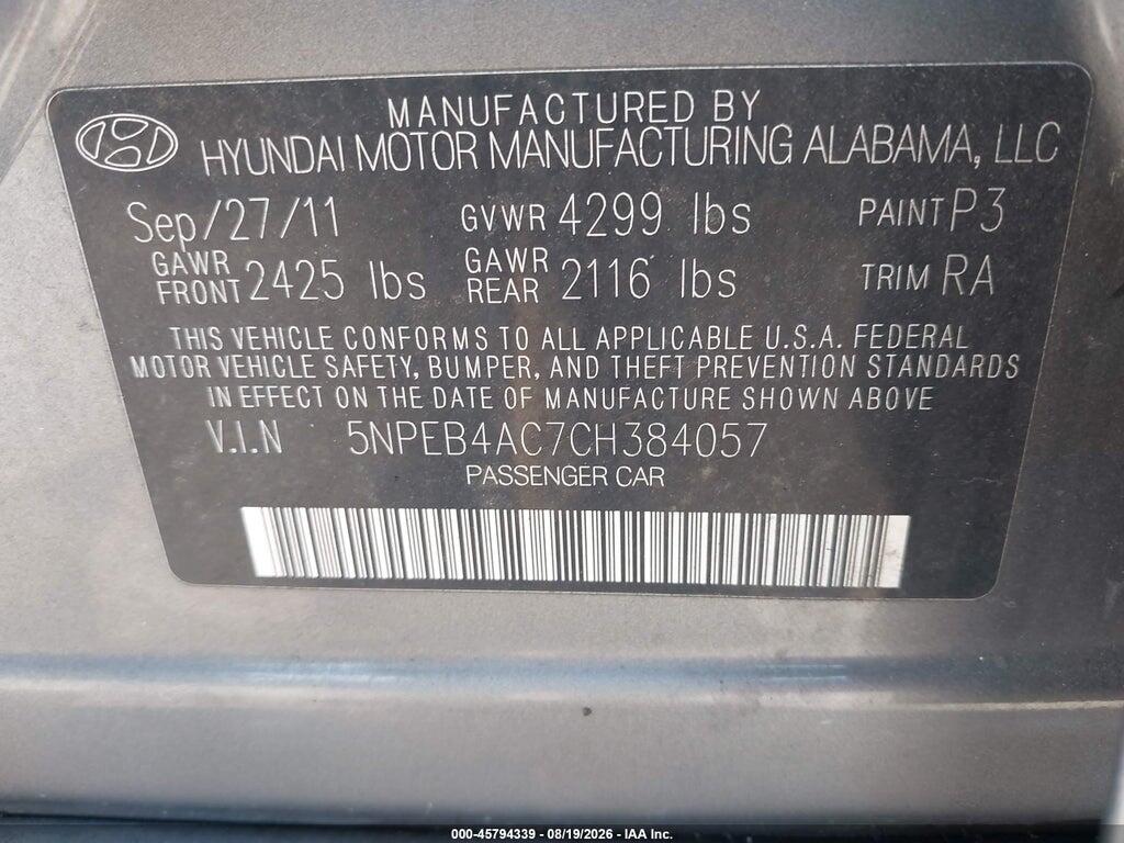 5NPEB4AC7CH384057 2012 HYUNDAI SONATA photo no. 9