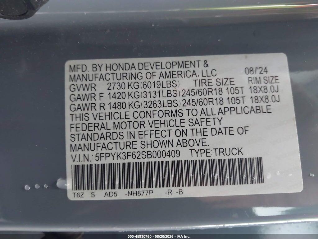 5FPYK3F62SB000409 2025 HONDA RIDGELINE photo no. 9