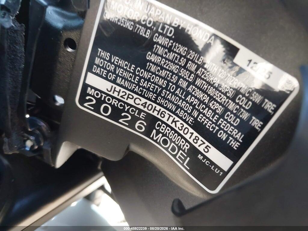JH2PC40H6TK301875 2026 HONDA CBR600 photo no. 10