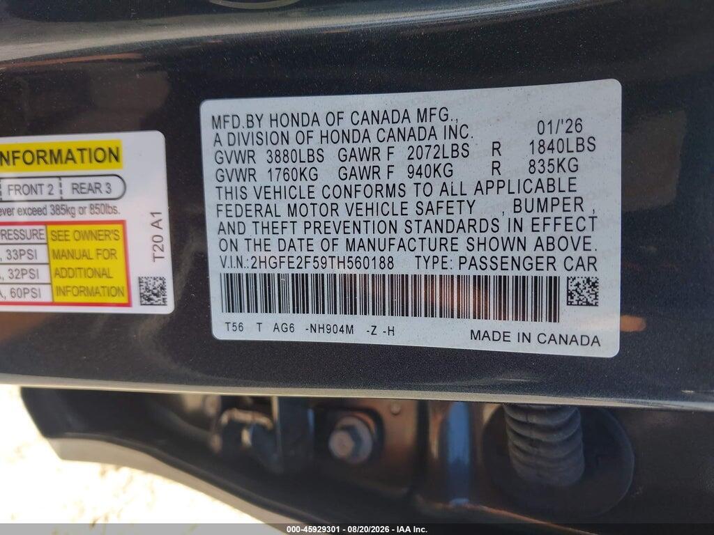 2HGFE2F59TH560188 2026 HONDA CIVIC photo no. 9