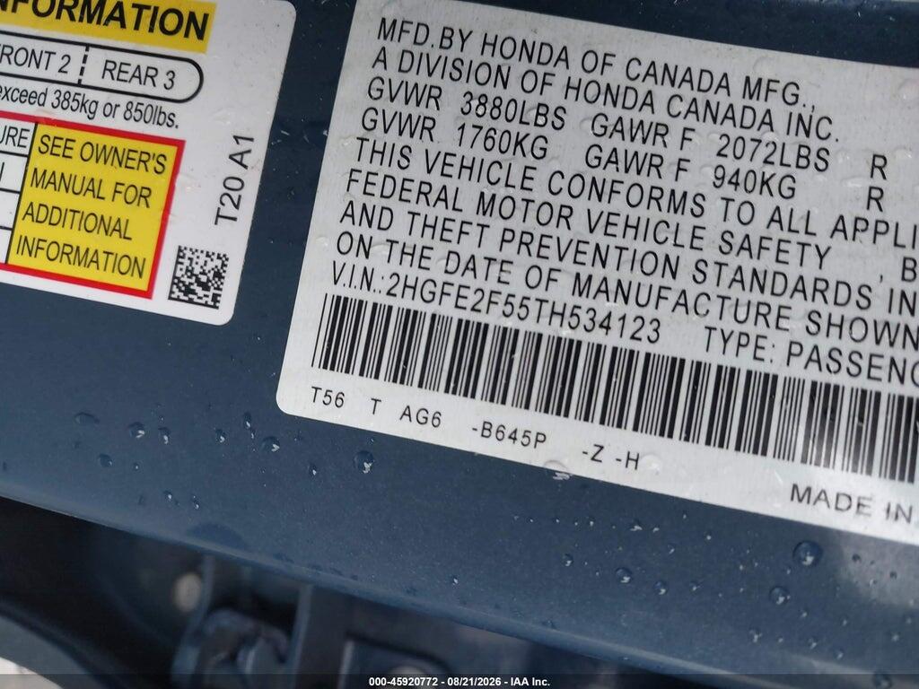 2HGFE2F55TH534123 2026 HONDA CIVIC photo no. 9