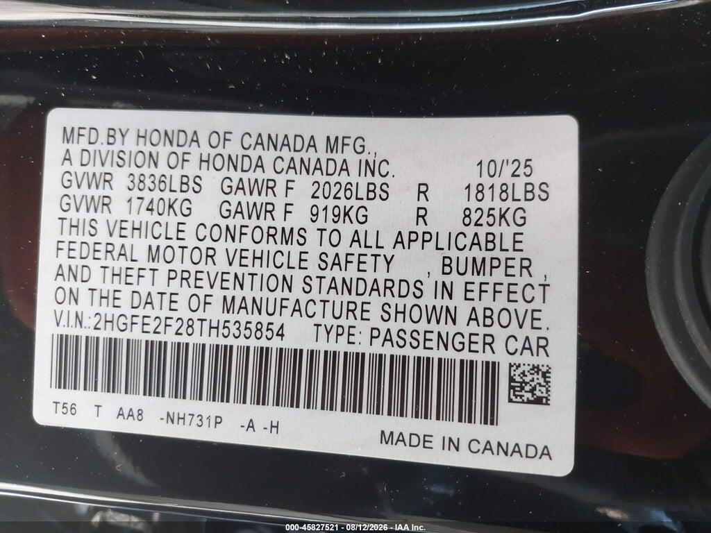 2HGFE2F28TH535854 2026 HONDA CIVIC photo no. 9
