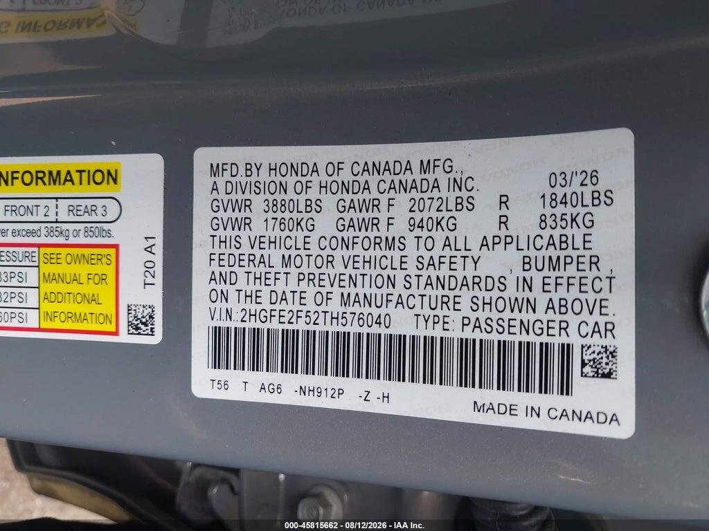 2HGFE2F52TH576040 2026 HONDA CIVIC photo no. 9