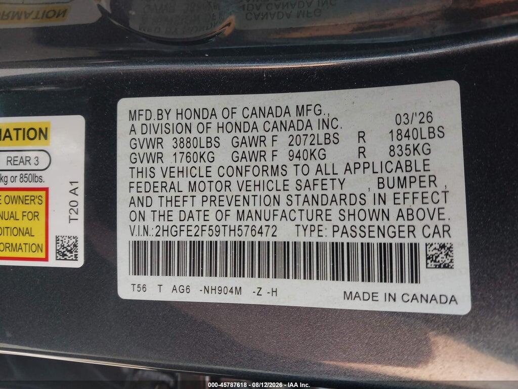 2HGFE2F59TH576472 2026 HONDA CIVIC photo no. 9