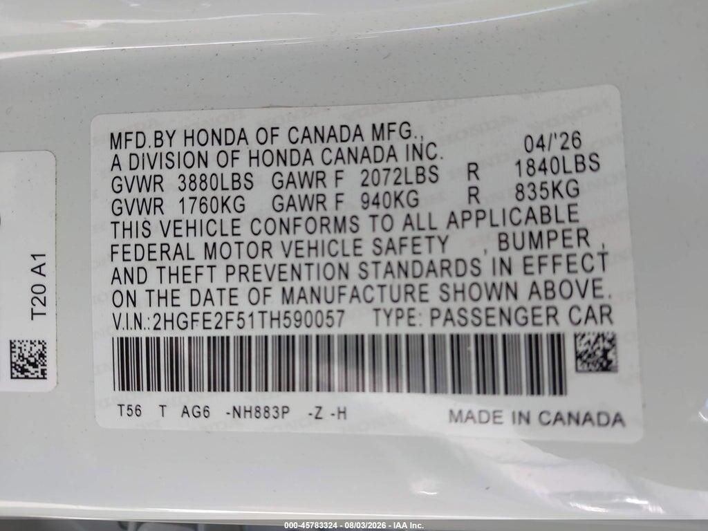 2HGFE2F51TH590057 2026 HONDA CIVIC photo no. 9
