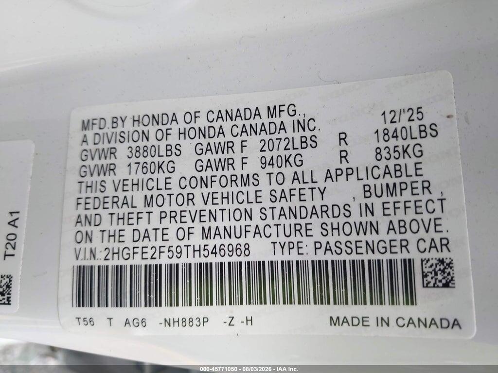 2HGFE2F59TH546968 2026 HONDA CIVIC photo no. 9