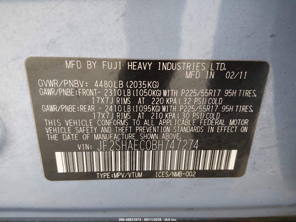 JF2SHAEC0BH747274 2011 SUBARU FORESTER photo no. 9