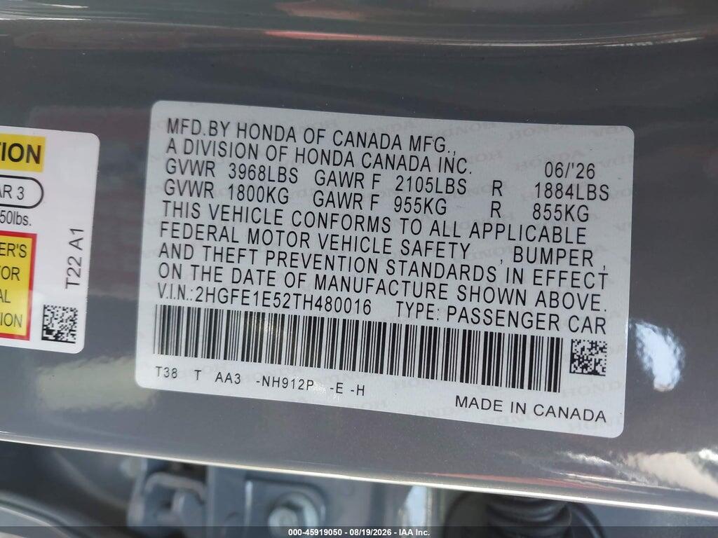 2HGFE1E52TH480016 2026 HONDA CIVIC SI photo no. 9