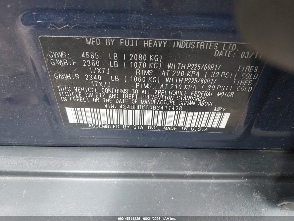 4S4BRBKC0B3411428 2011 SUBARU OUTBACK photo no. 9
