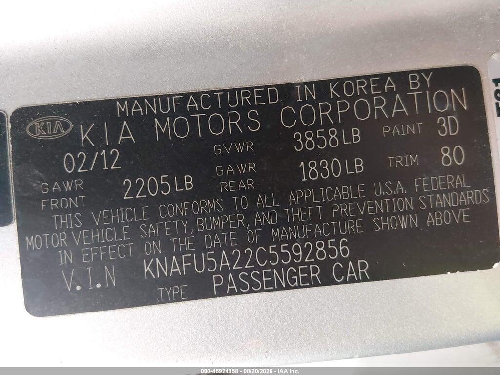 KNAFU5A22C5592856 2012 KIA FORTE photo no. 9