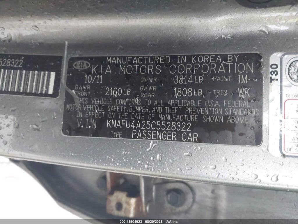 KNAFU4A25C5528322 2012 KIA FORTE photo no. 9