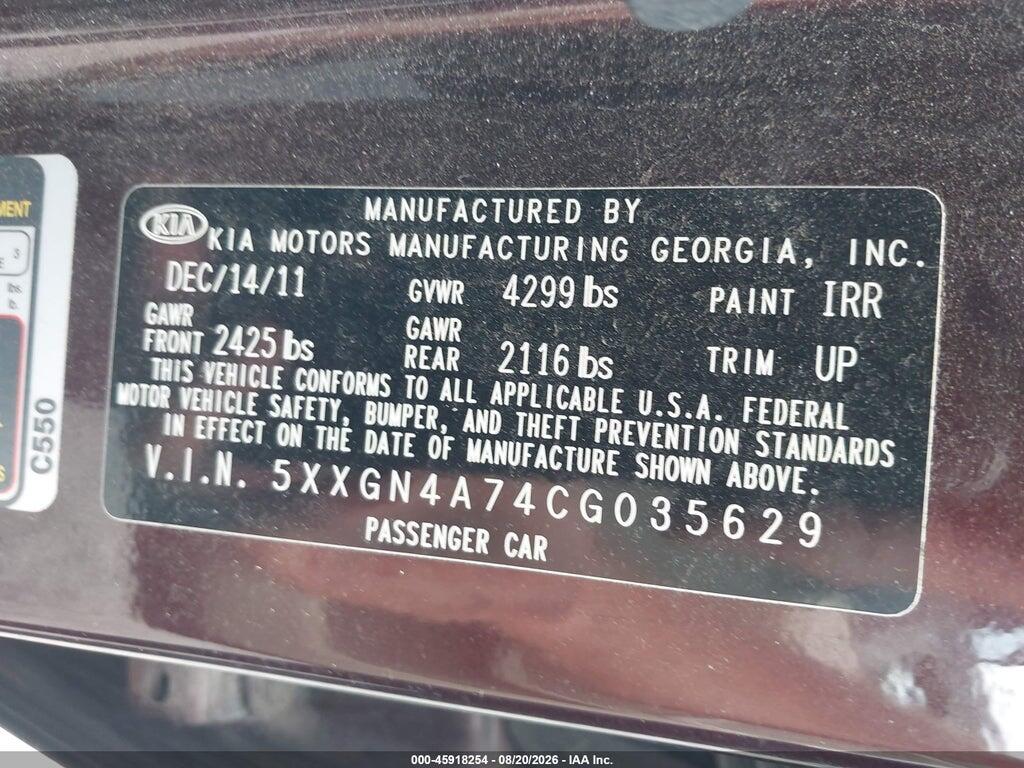 5XXGN4A74CG035629 2012 KIA OPTIMA photo no. 9
