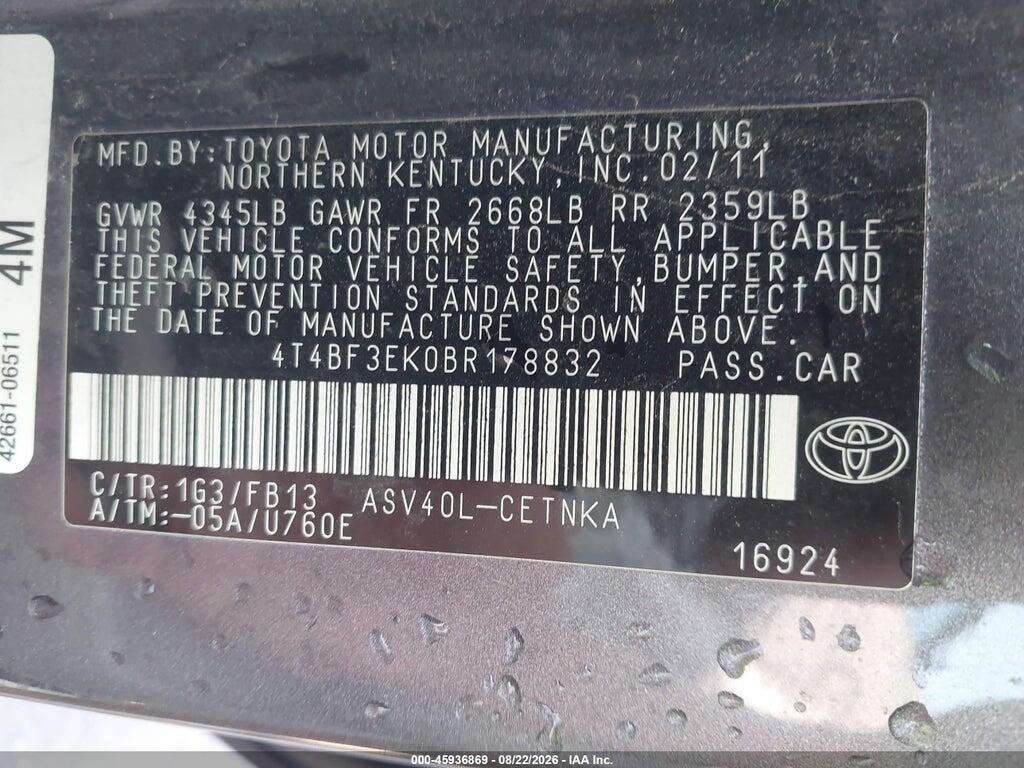 4T4BF3EK0BR178832 2011 TOYOTA CAMRY photo no. 9