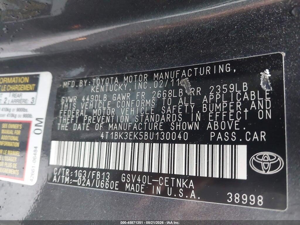 4T1BK3EK5BU130040 2011 TOYOTA CAMRY photo no. 9
