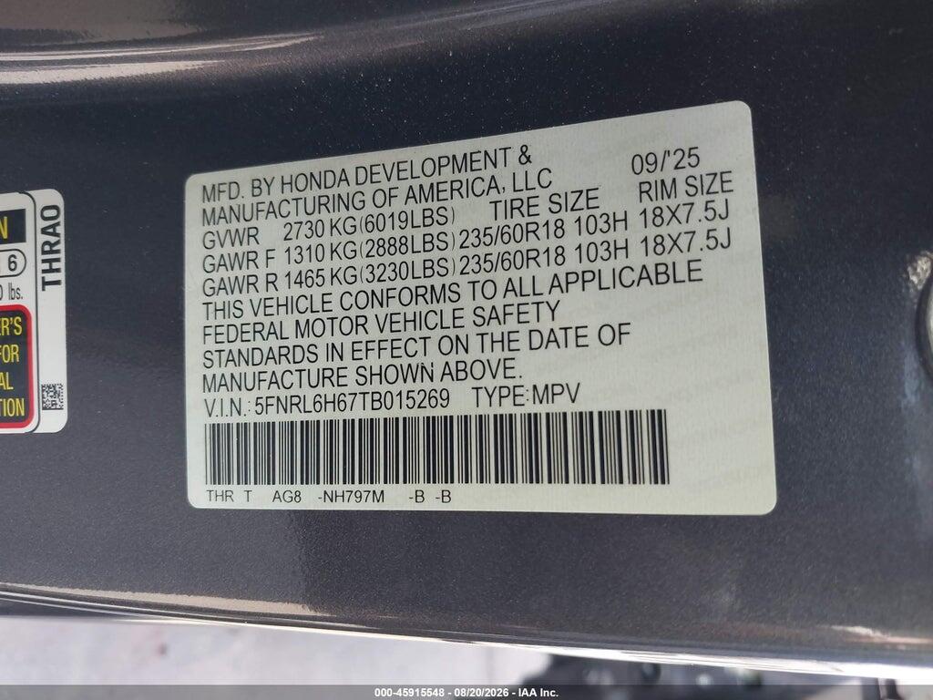 5FNRL6H67TB015269 2026 HONDA ODYSSEY photo no. 9