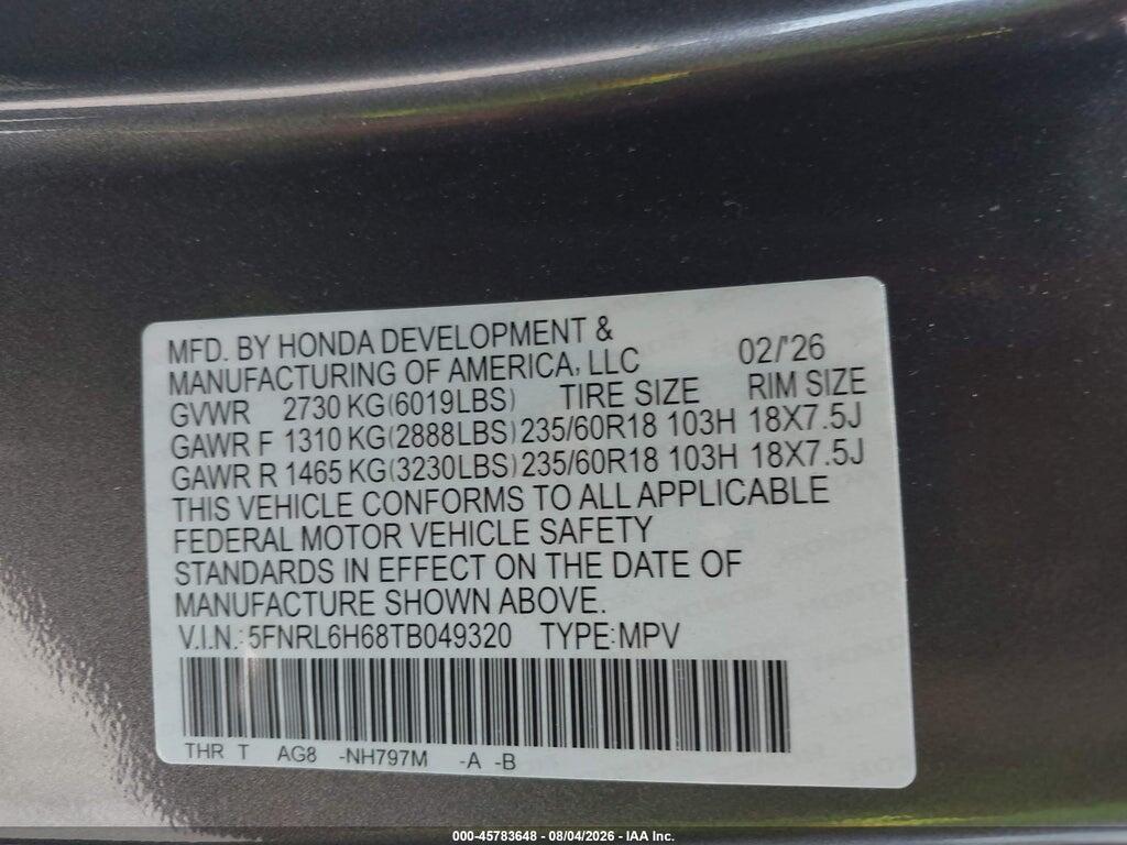 5FNRL6H68TB049320 2026 HONDA ODYSSEY photo no. 9