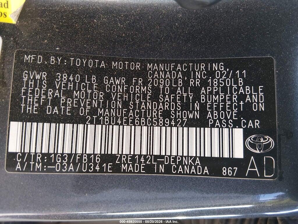 2T1BU4EE6BC589427 2011 TOYOTA COROLLA photo no. 9