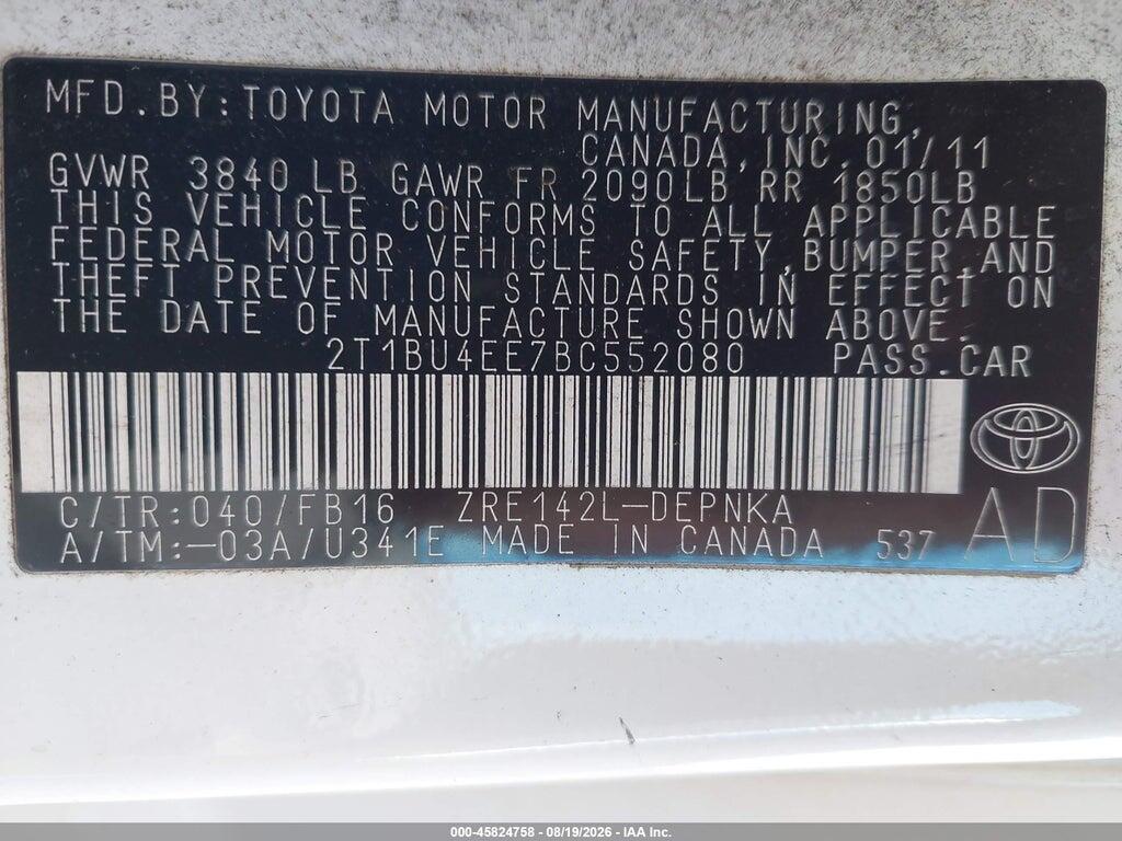 2T1BU4EE7BC552080 2011 TOYOTA COROLLA photo no. 9