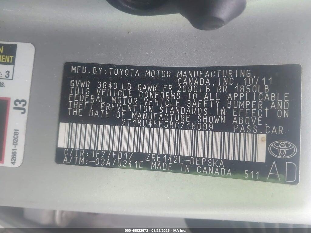 2T1BU4EE5BC716099 2011 TOYOTA COROLLA photo no. 9