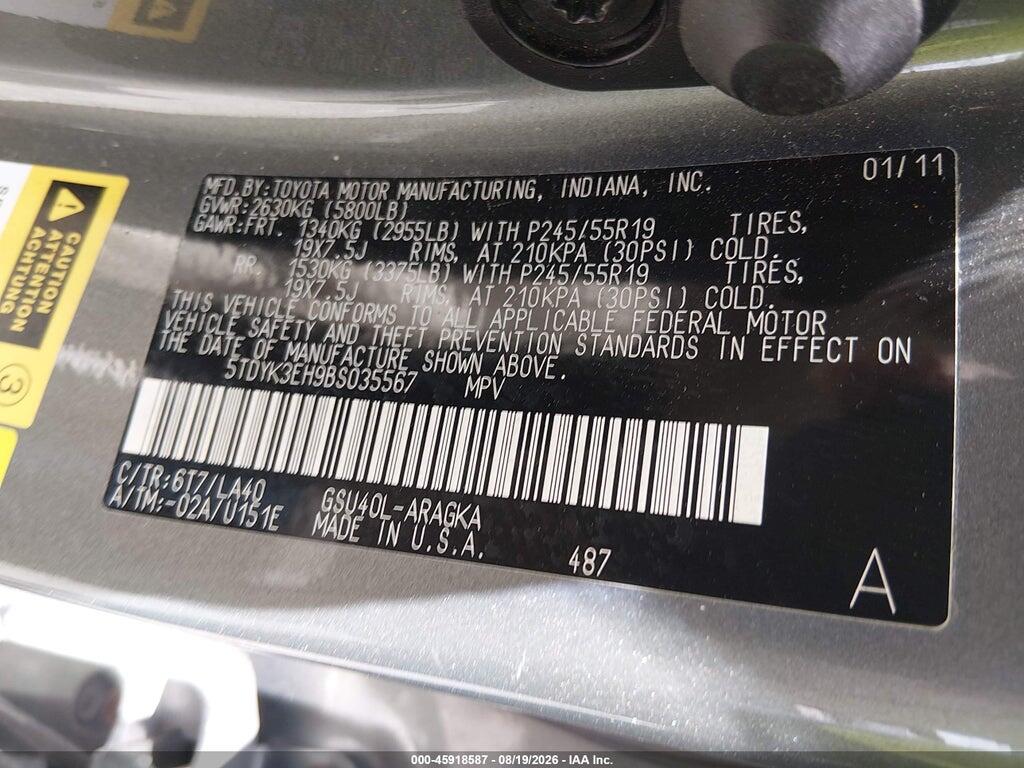 5TDYK3EH9BS035567 2011 TOYOTA HIGHLANDER photo no. 9