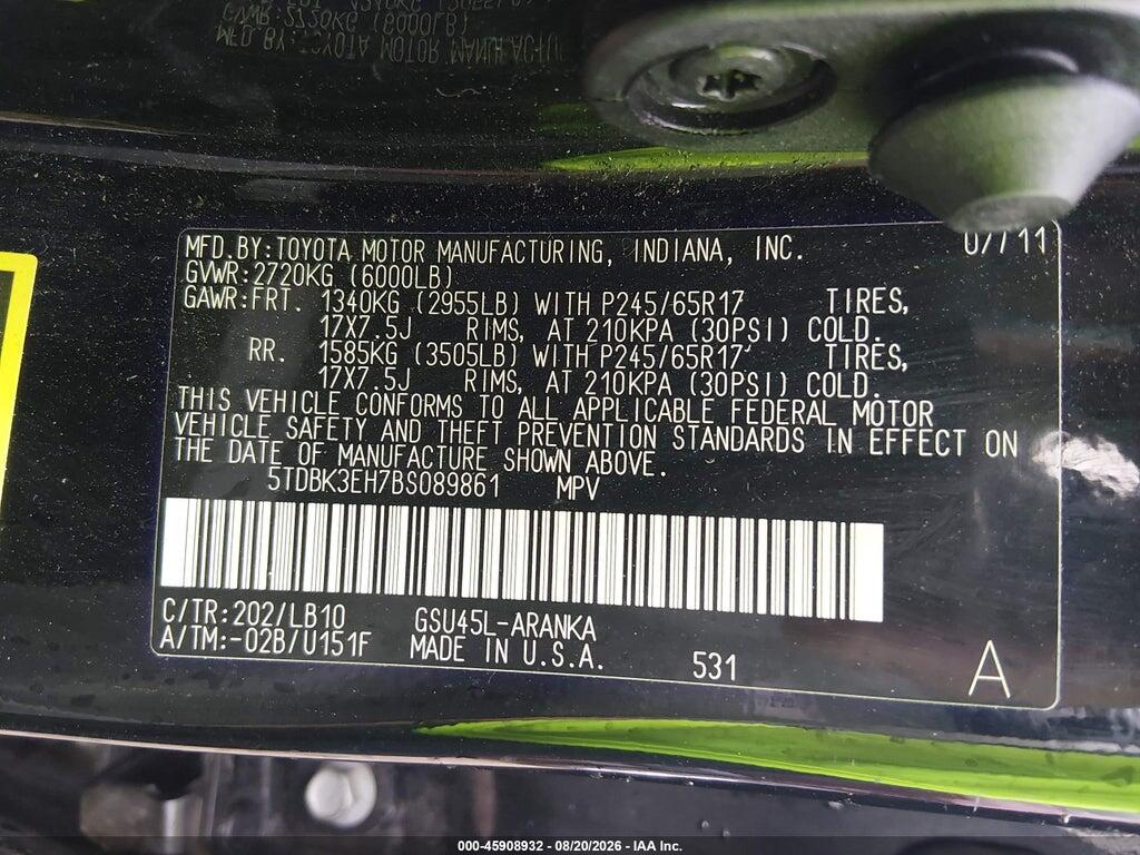 5TDBK3EH7BS089861 2011 TOYOTA HIGHLANDER photo no. 9