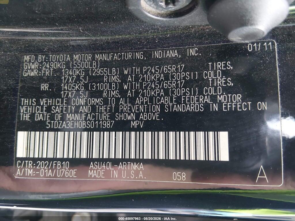 5TDZA3EH0BS011987 2011 TOYOTA HIGHLANDER photo no. 9