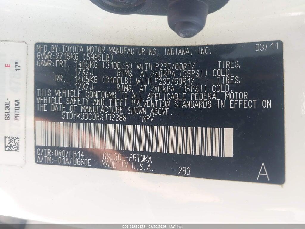 5TDYK3DC0BS132288 2011 TOYOTA SIENNA photo no. 9