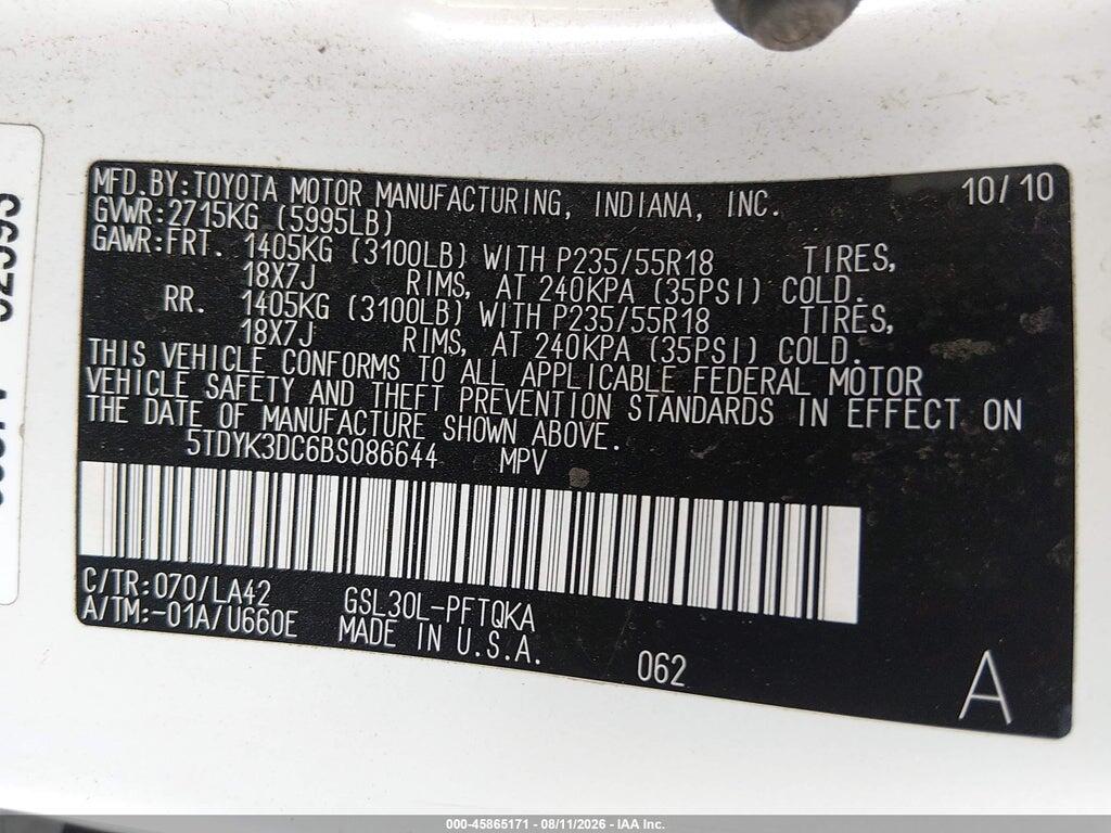 5TDYK3DC6BS086644 2011 TOYOTA SIENNA photo no. 9
