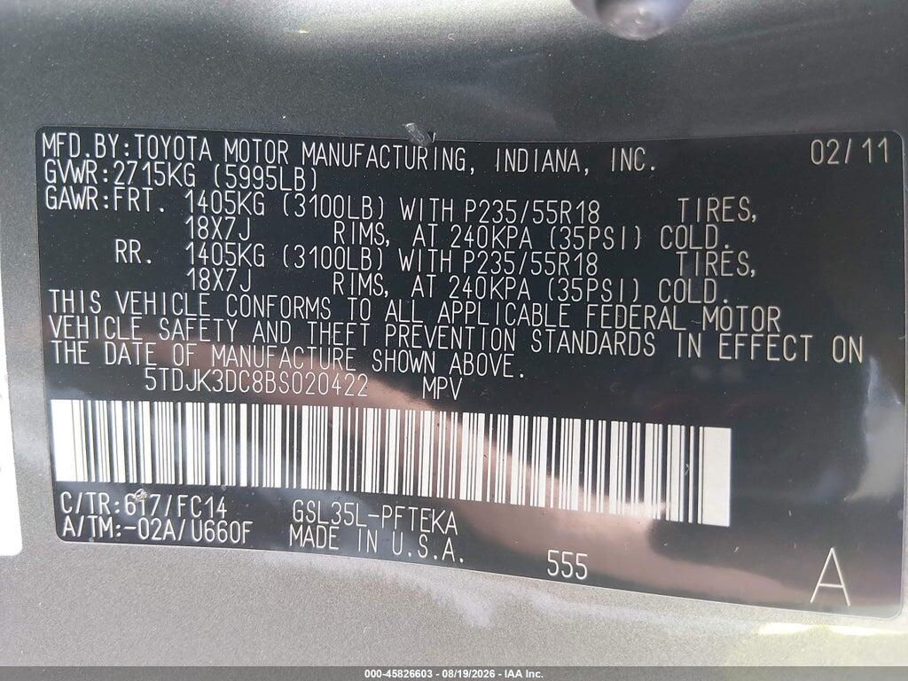 5TDJK3DC8BS020422 2011 TOYOTA SIENNA photo no. 9