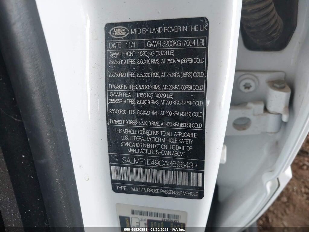 SALMF1E49CA369643 2012 LAND ROVER RANGE ROVER photo no. 9